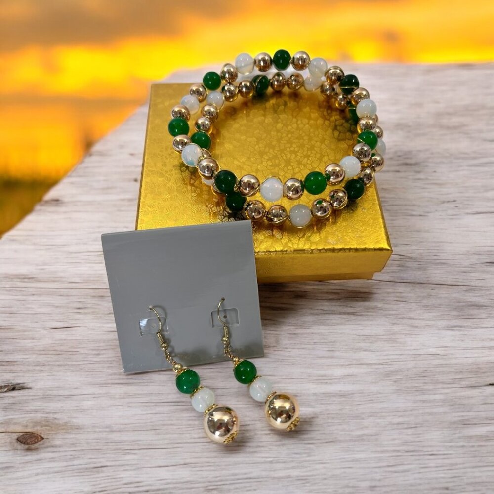 2 Natural Jade & Opaline Wire Bangle Bracelets Matching Earrings GIFTS UNDER $20